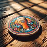 DALL·E 2024-02-24 11.45.11 - A high-resolution photo of a round beer coaster on a rustic wooden table. The coaster features a vibrant and detailed logo of a popular brewery, with .webp